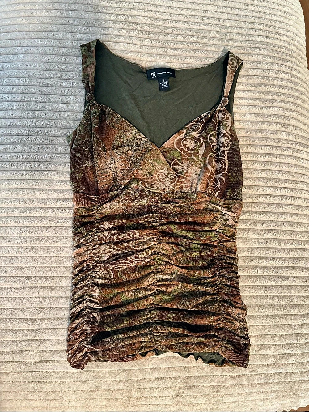 H.C. Couture Paisley Ruched Tank Top in Brown & Green Size Small Y2K